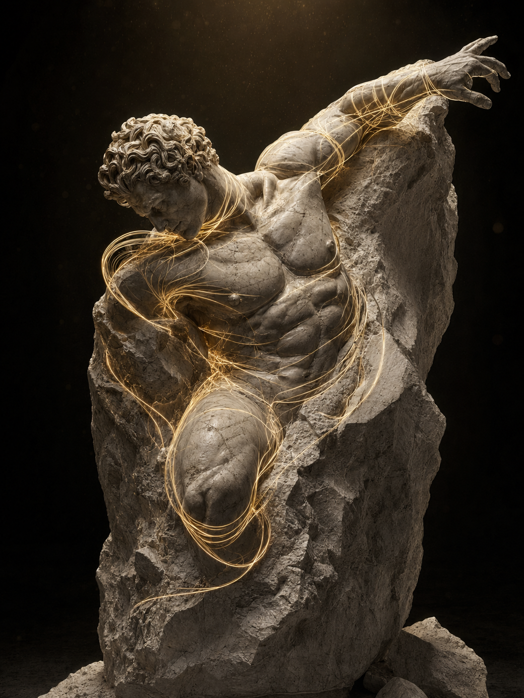 A living marble figure emerging from stone, wrapped in spiral force lines