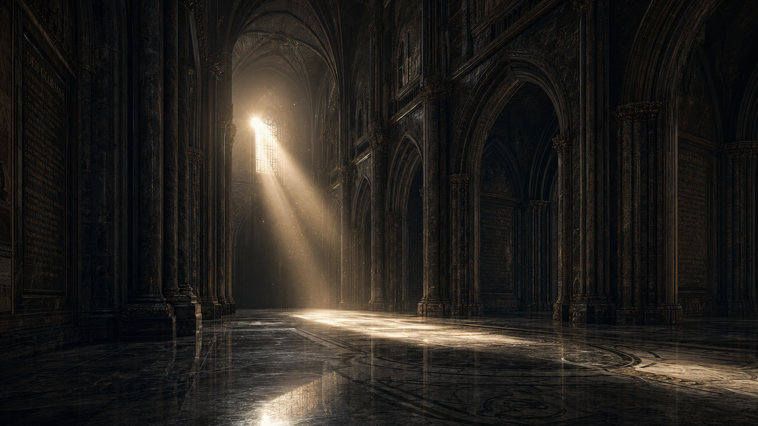 Vast cathedral interior with shaft of golden light