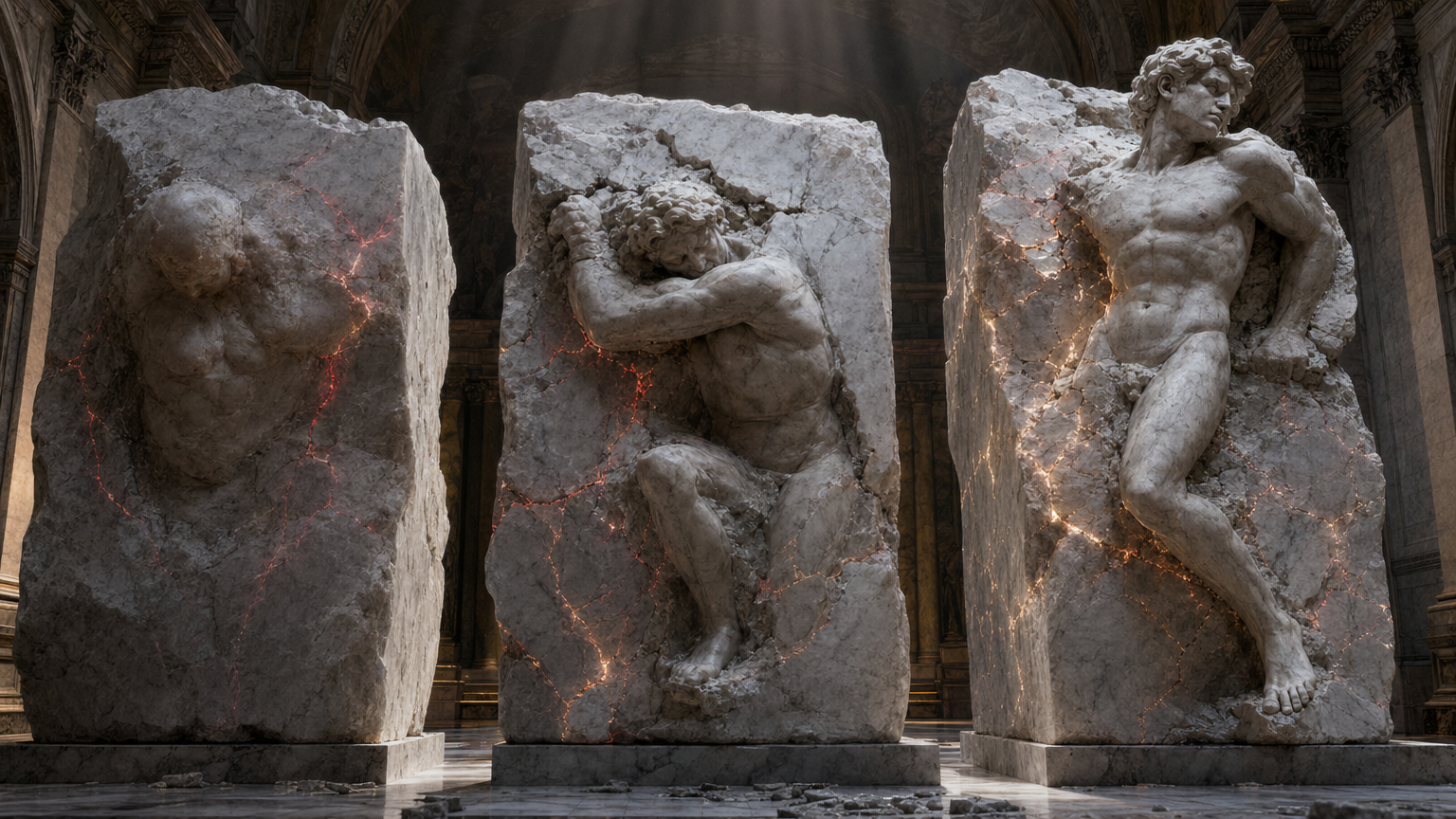 Three figures at different stages of emergence from marble blocks, inspired by Michelangelo's Prisoners