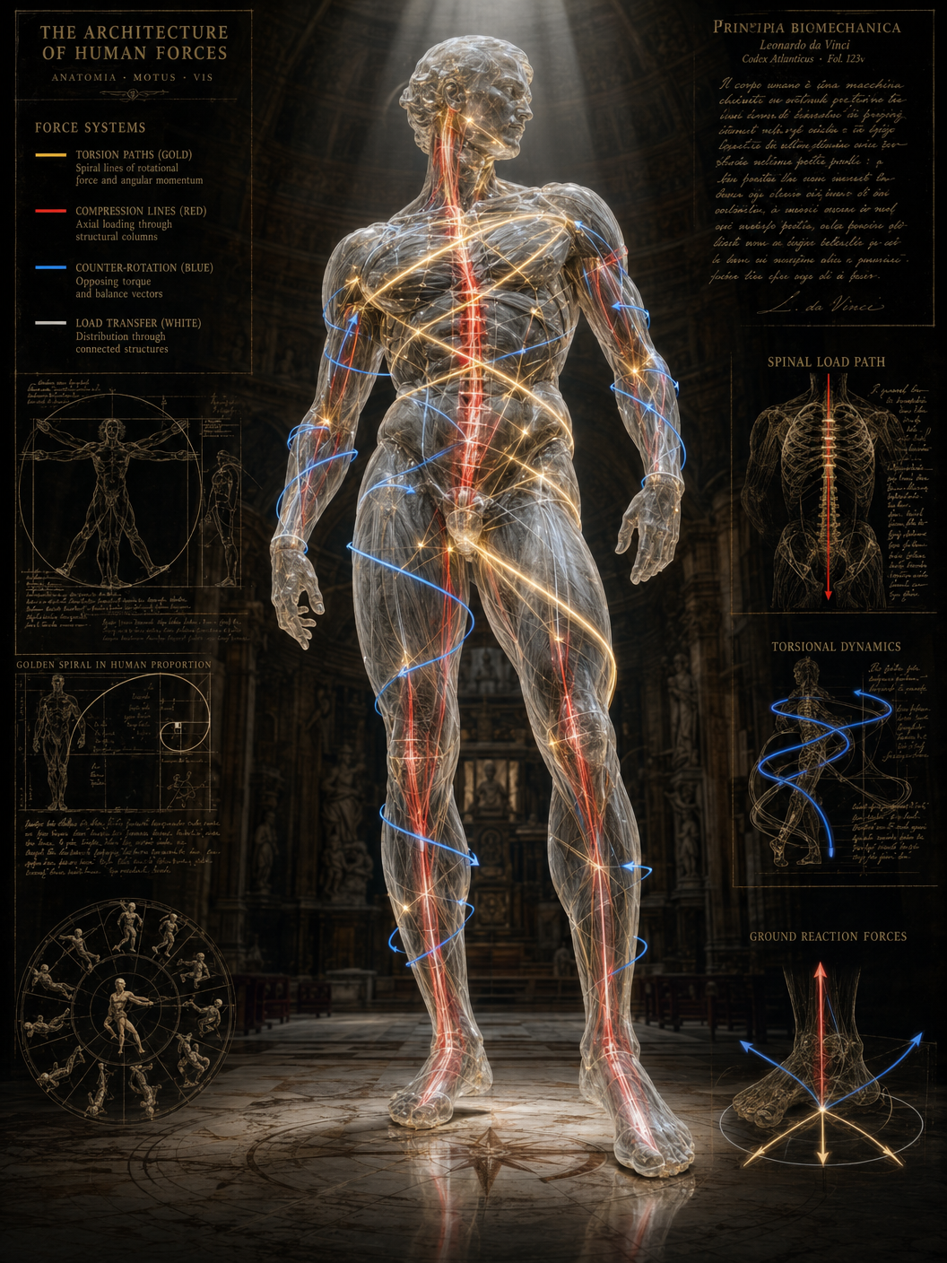 Translucent marble figure showing internal force architecture with torsion, compression, and counter-rotation vectors