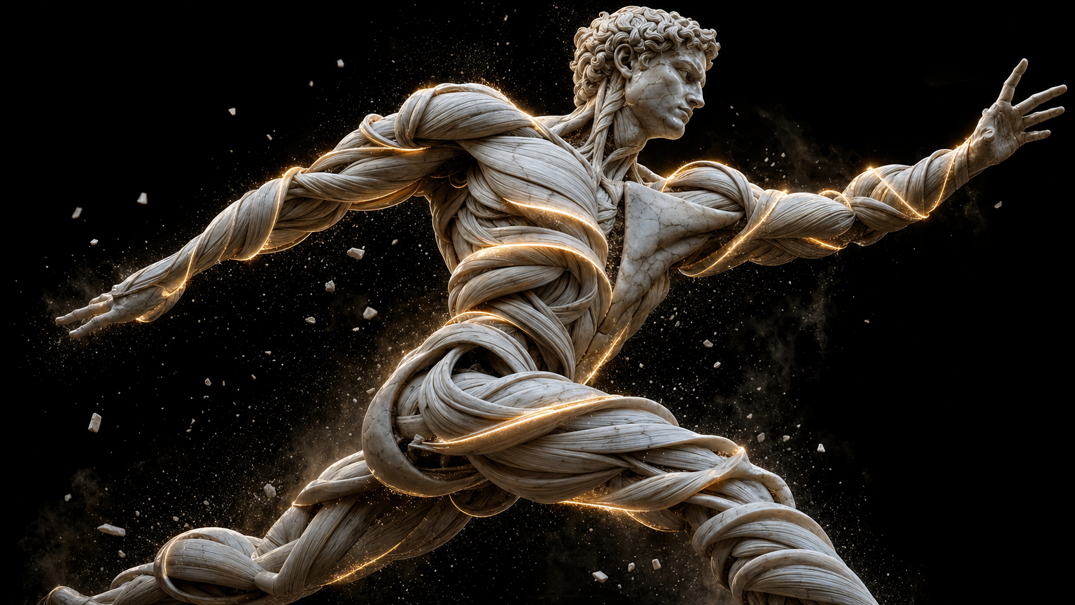 Dynamic figure in motion with muscles rendered as twisting helical bands