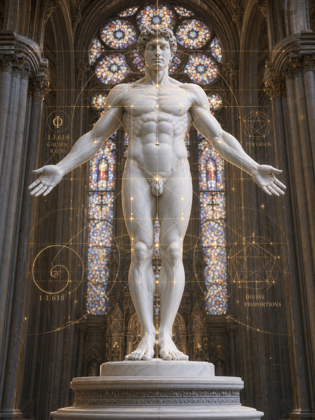 Perfectly symmetrical marble figure with golden geometric proportion lines