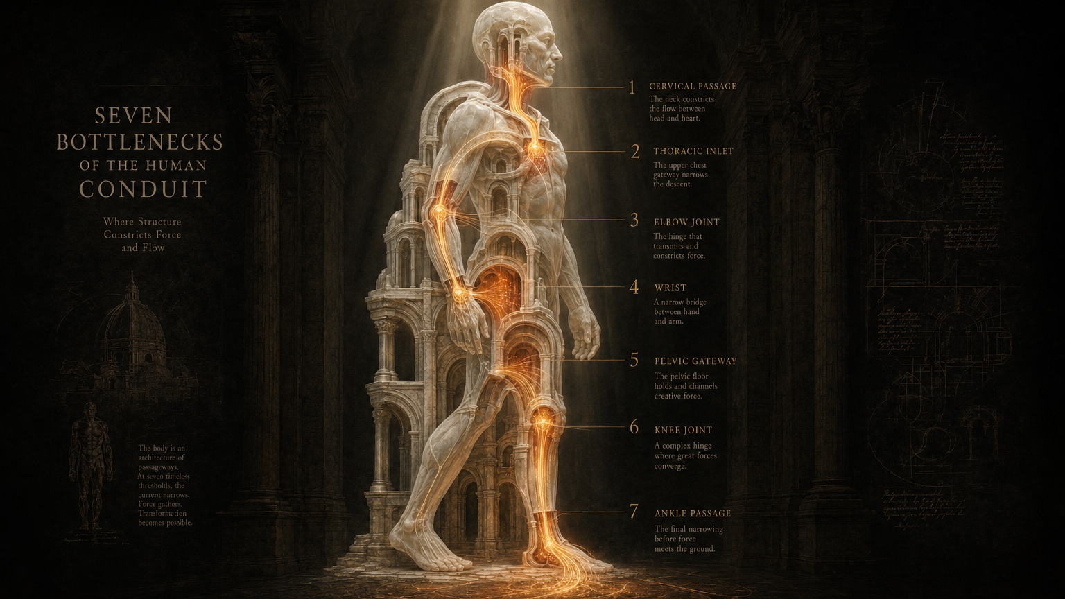 Seven sculptural bottleneck zones of the human body rendered as architectural constrictions