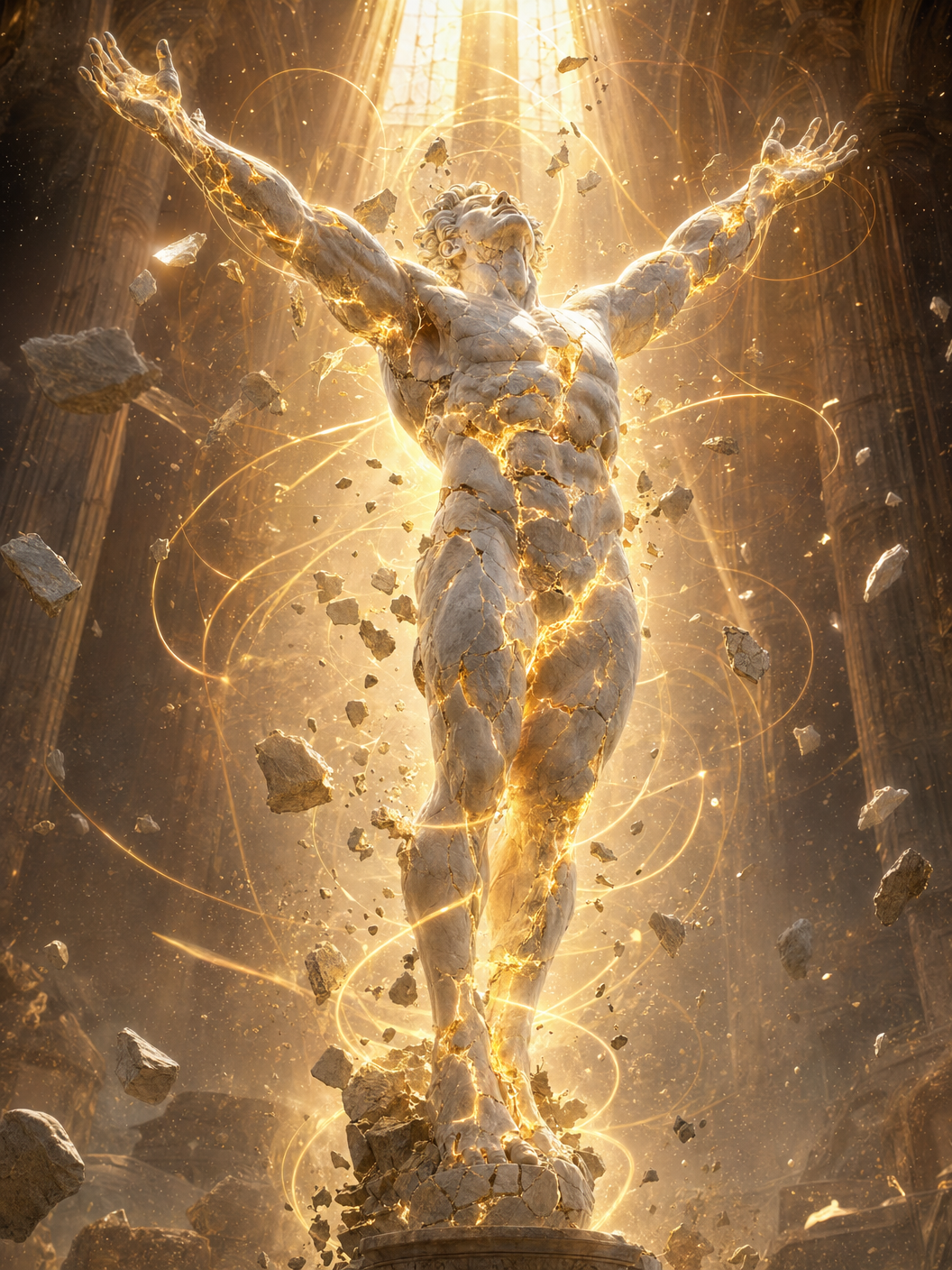 Transcendent marble figure with arms raised, cracking open to reveal golden light within