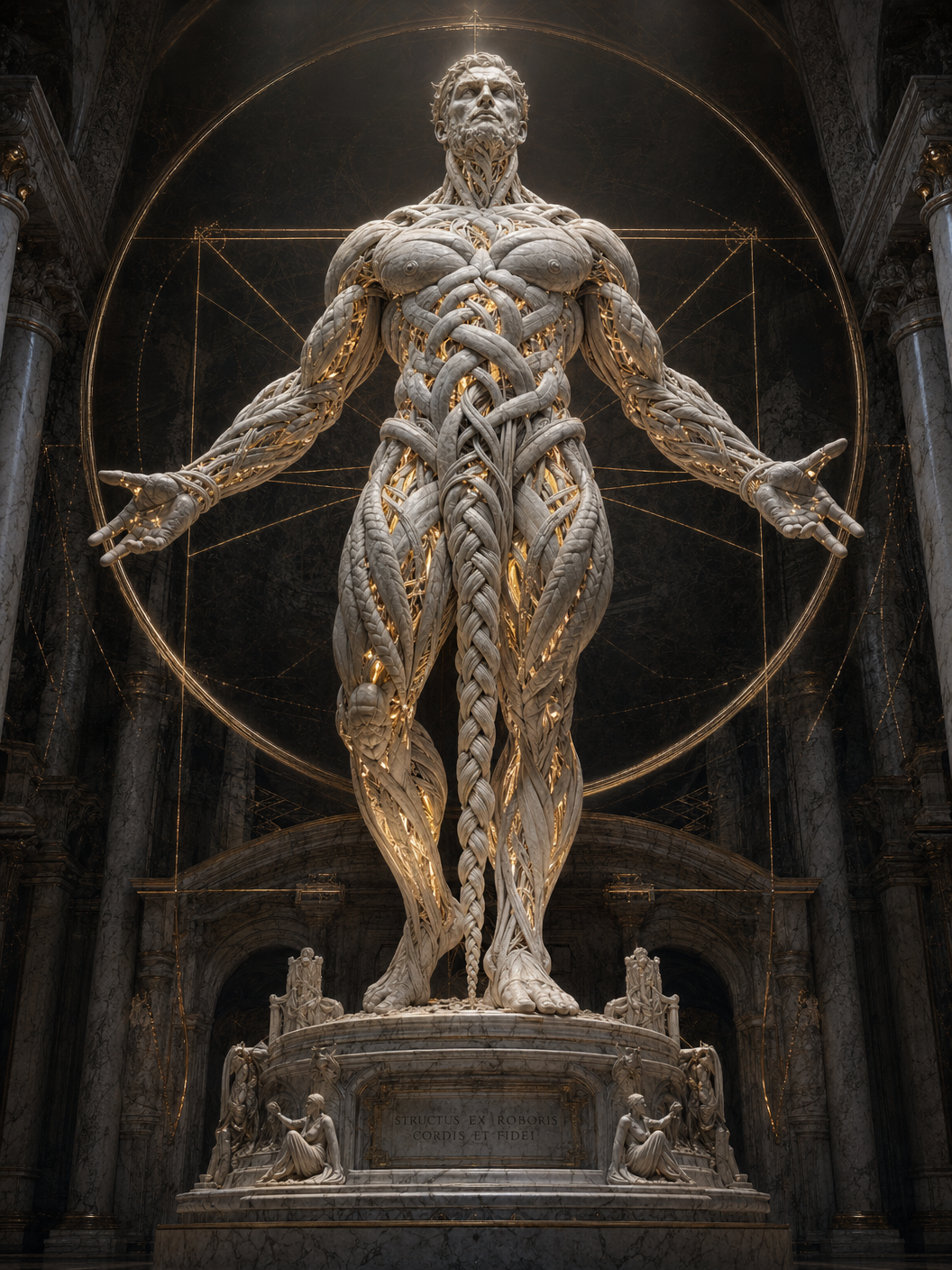 The Braided Man — monumental figure composed of braided marble strands, part Vitruvian, part titan, part biomechanical atlas